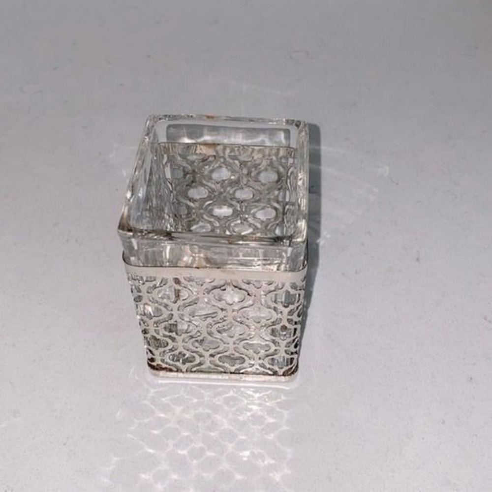 Hotel Collection Clear and Silver Colored Square Tabletop Glass Vase